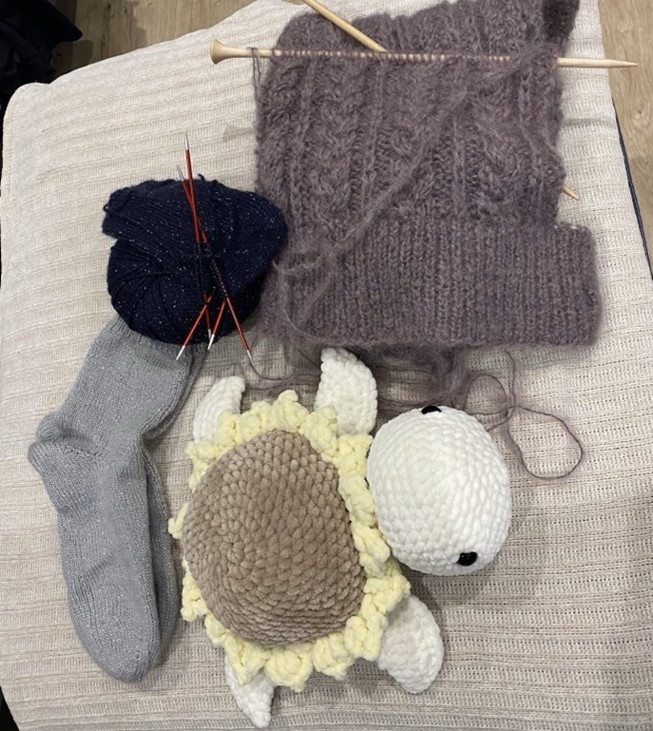 Photograph of Elin's crochet and knitting projects